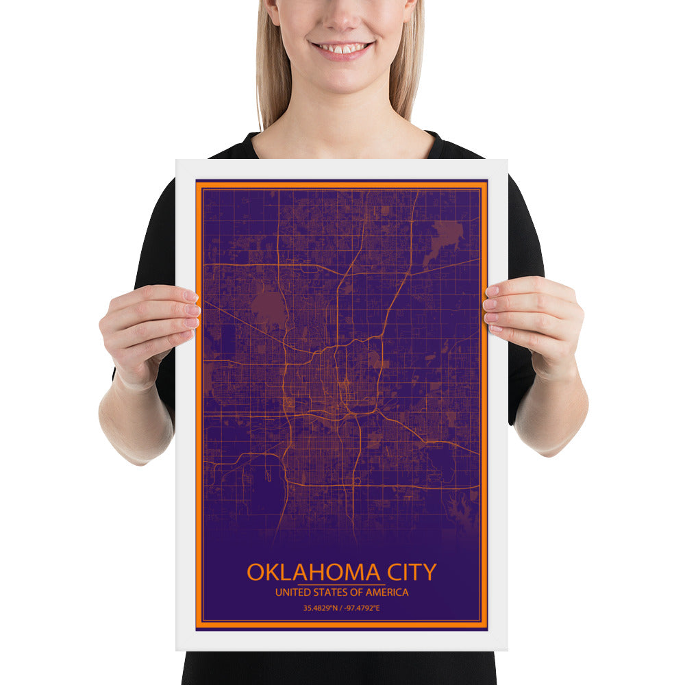 Oklahoma City Purple and Orange Framed Map