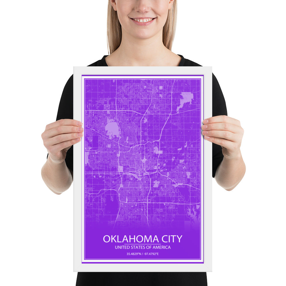 Oklahoma City Purple and White Framed Map