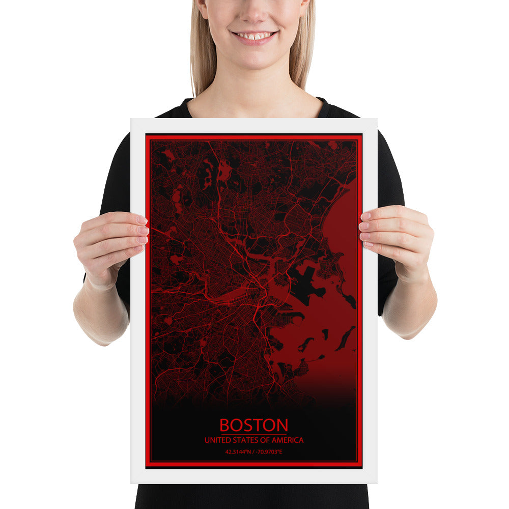 Boston Black and Red Framed Map