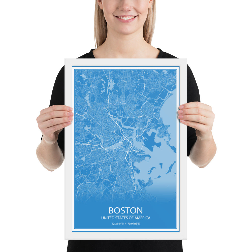 Boston Blue and White Framed Map