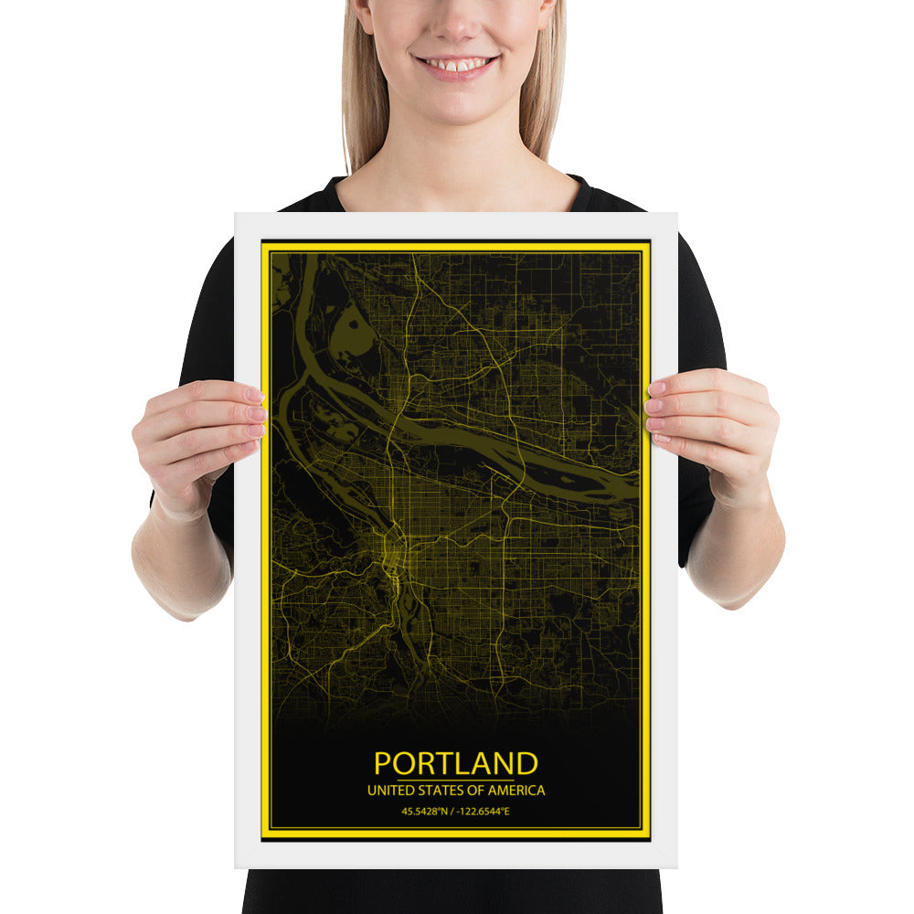 Portland Black and Yellow Framed Map