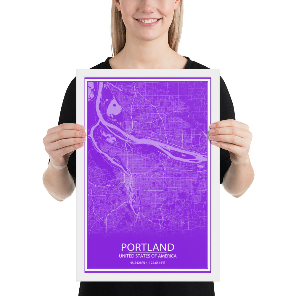 Portland Purple and White Framed Map