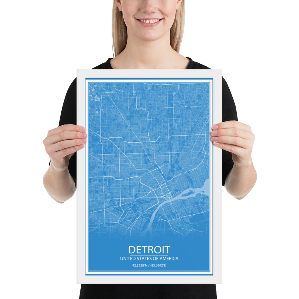 Detroit Blue and White Framed Map