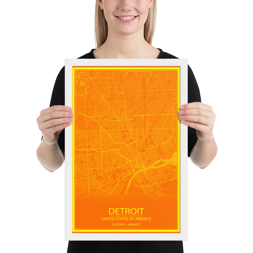 Detroit Orange and Yellow Framed Map