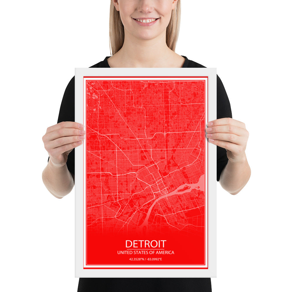 Detroit Red and White Framed Map