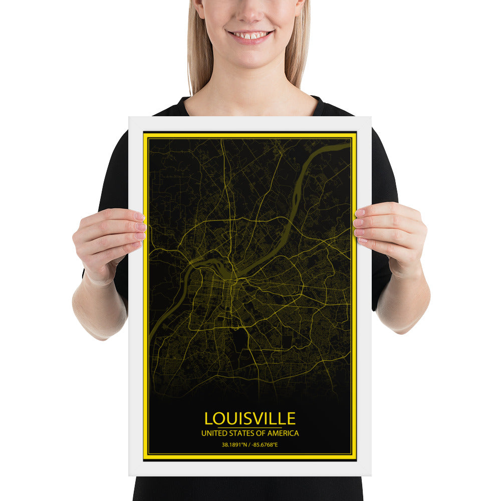 Louisville Black and Yellow Framed Map