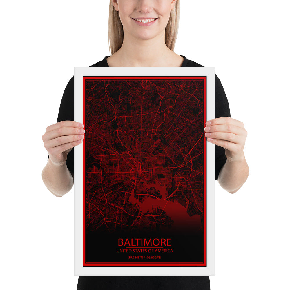 Baltimore Black and Red Framed Map