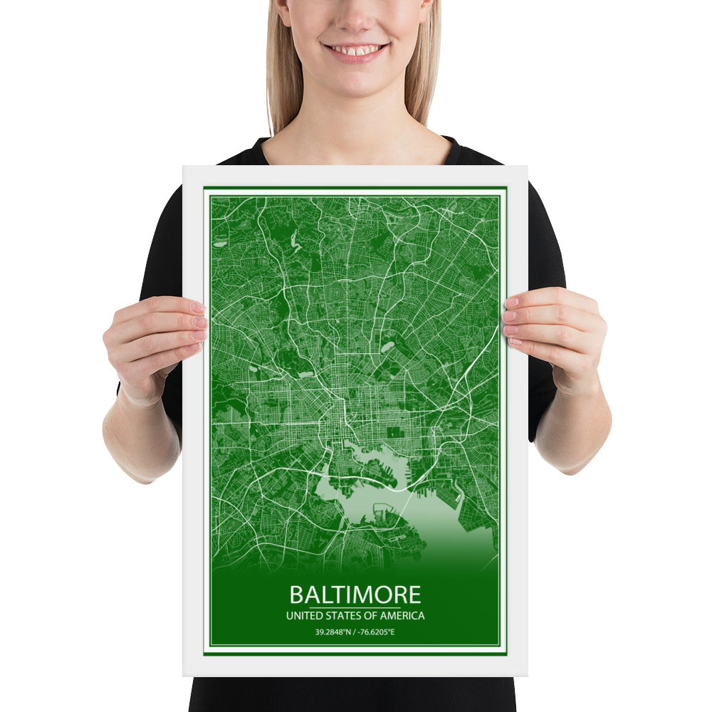 Baltimore Green and White Framed Map