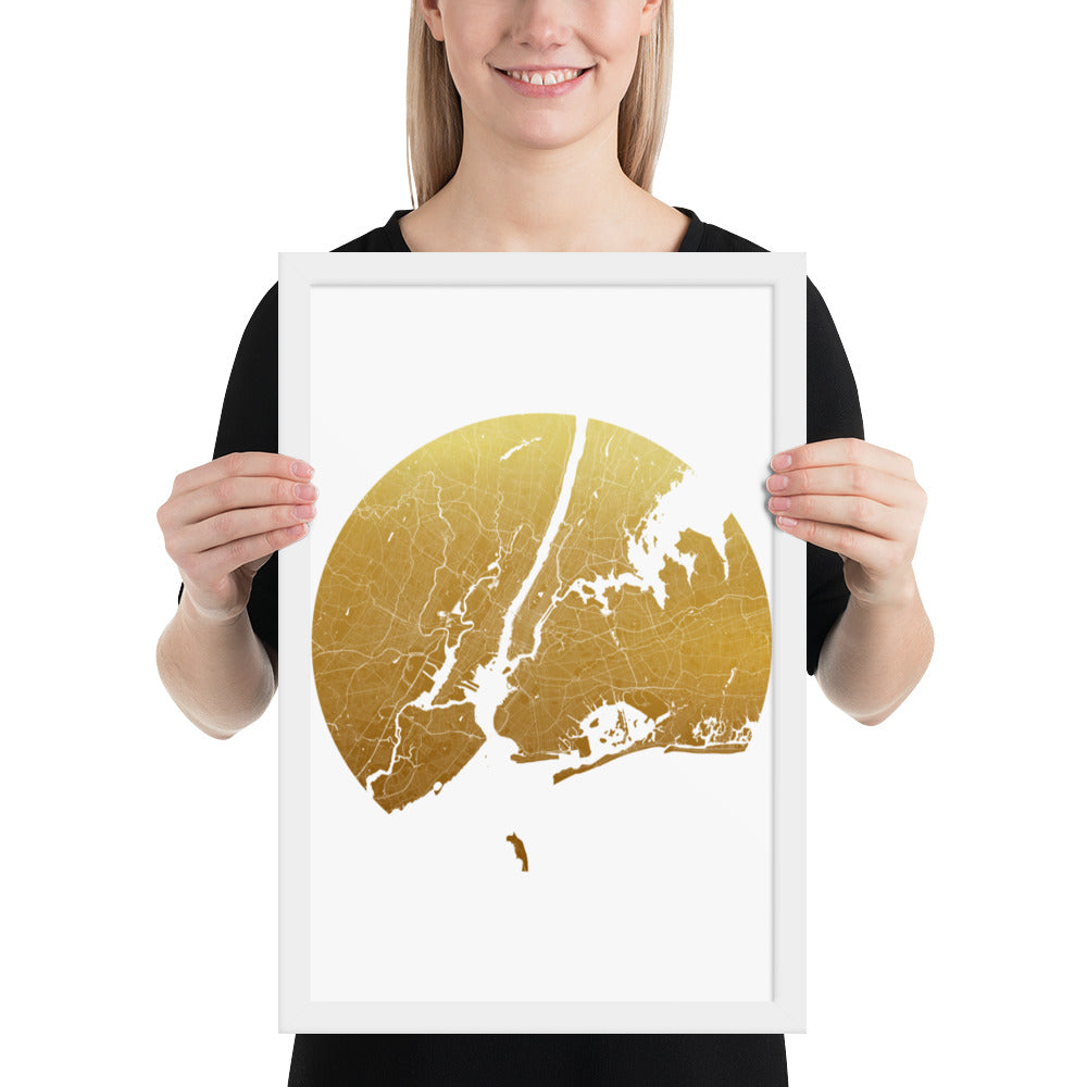 New York Gold on White Framed Map