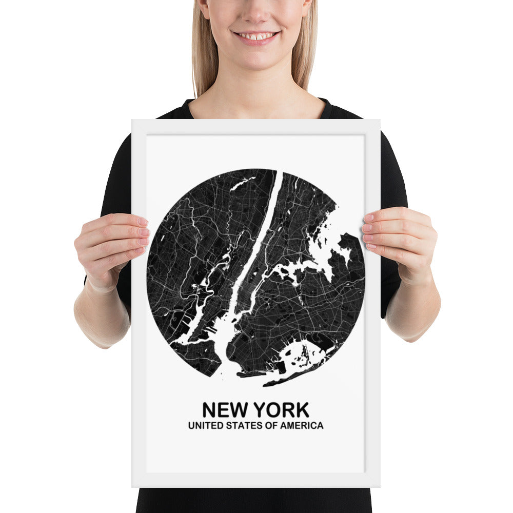 New York Circular Black Framed Map