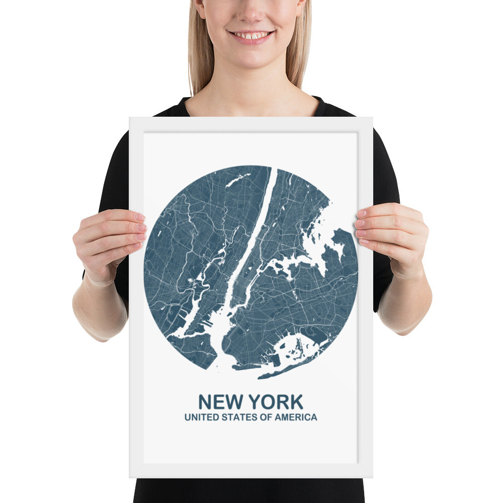 New York Circular Blue Framed Map