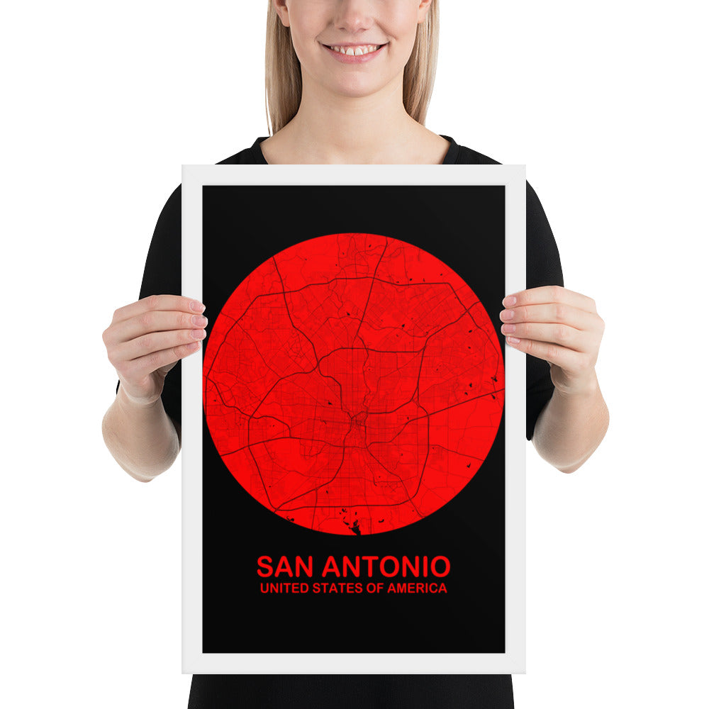 San Antonio Circular Red Framed Map