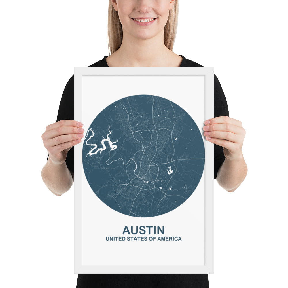 Austin Circular Blue Framed Map