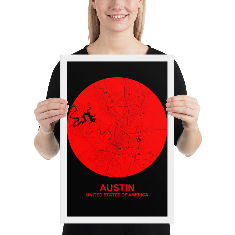 Austin Circular Red Framed Map