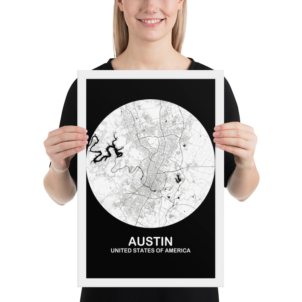 Austin Circular White Framed Map