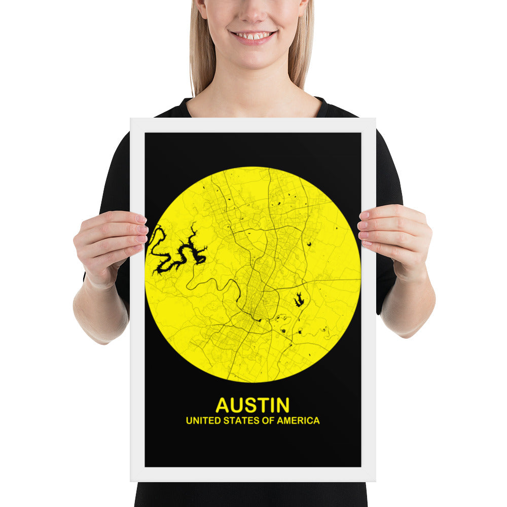 Austin Circular Yellow Framed Map