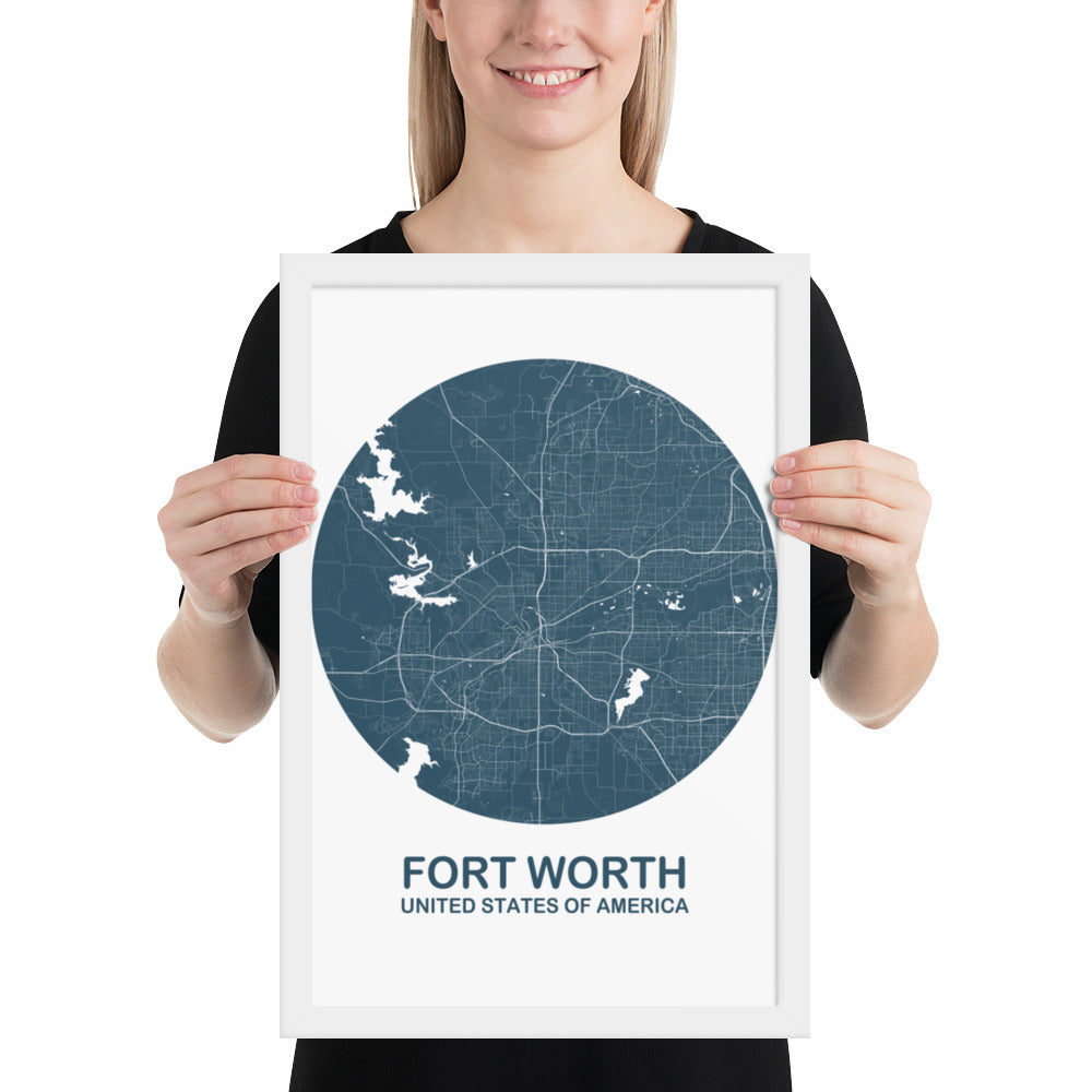 Fort Worth Circular Blue Framed Map