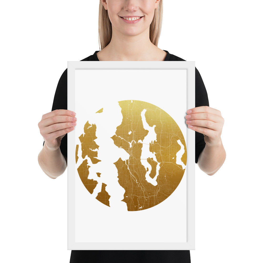 Seattle Gold on White Framed Map