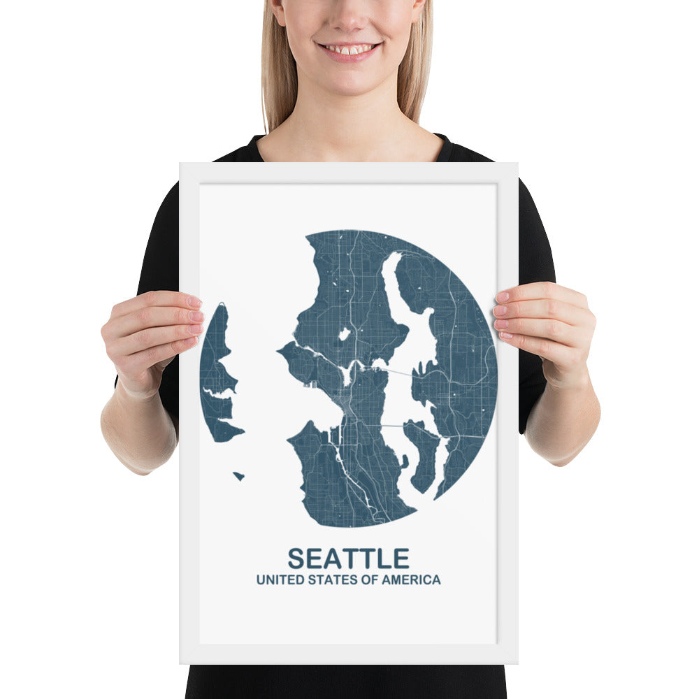 Seattle Circular Blue Framed Map