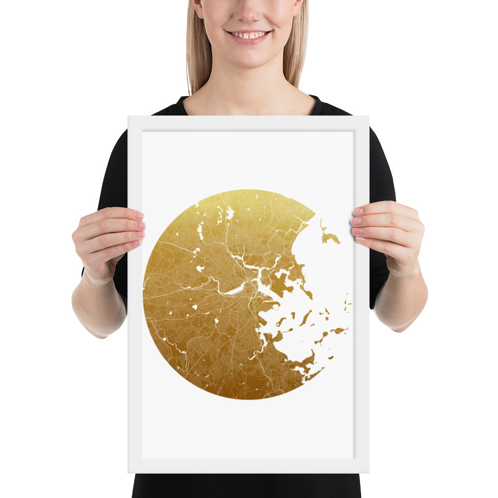 Boston Gold on White Framed Map