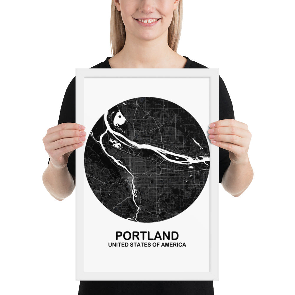 Portland Circular Black Framed Map