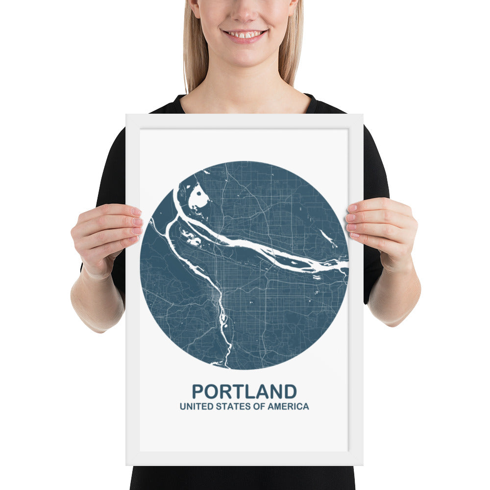 Portland Circular Blue Framed Map