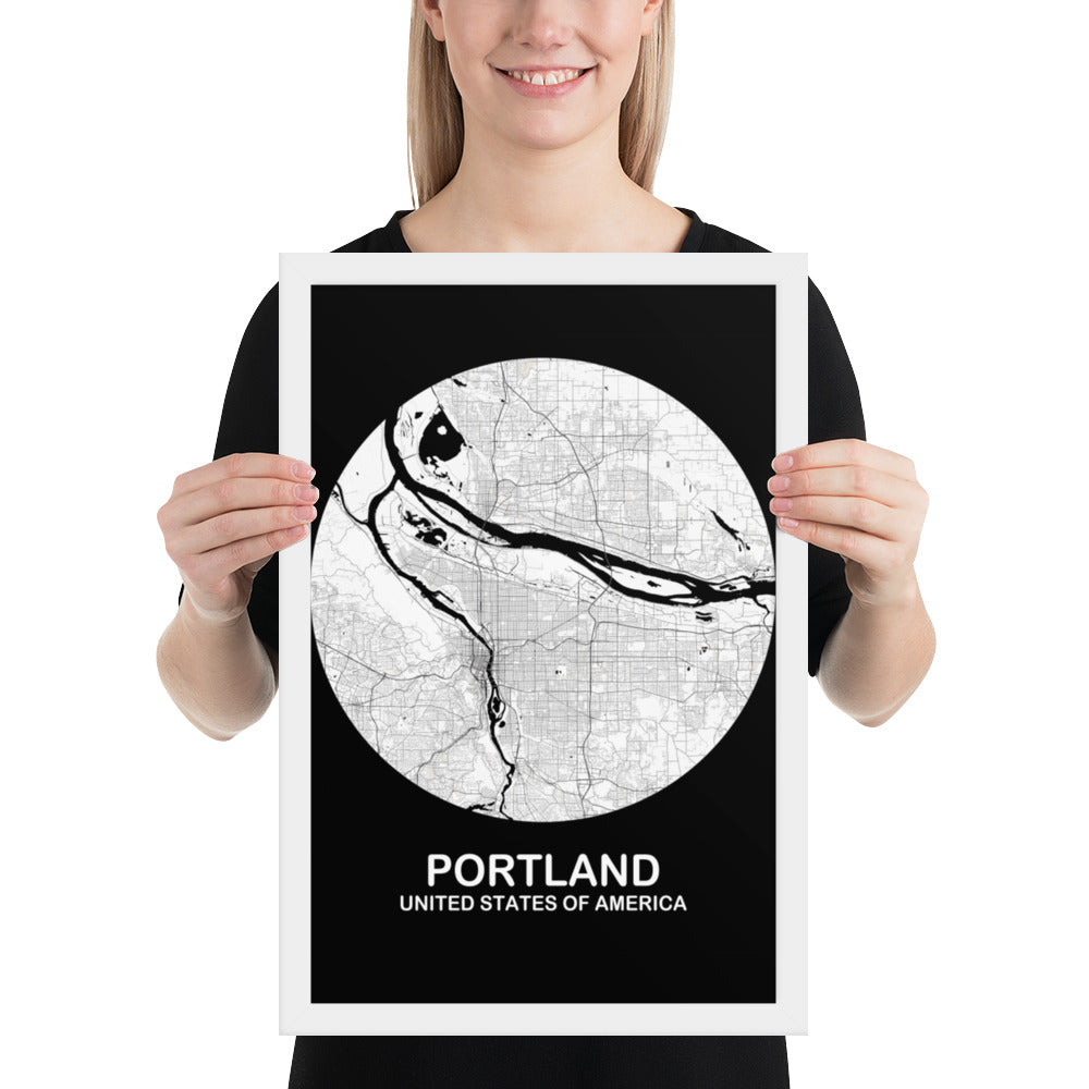 Portland Circular White Framed Map