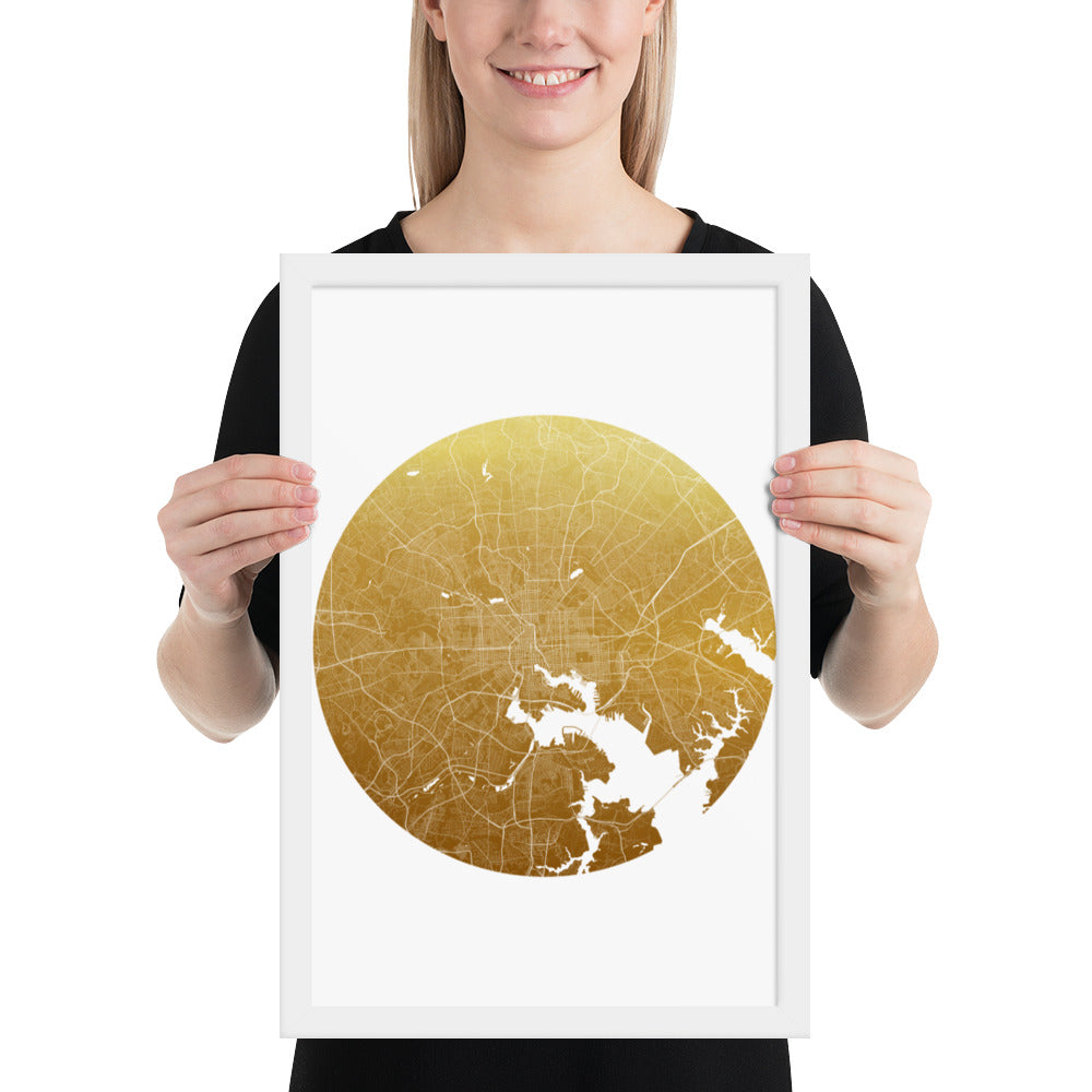 Baltimore Gold on White Framed Map