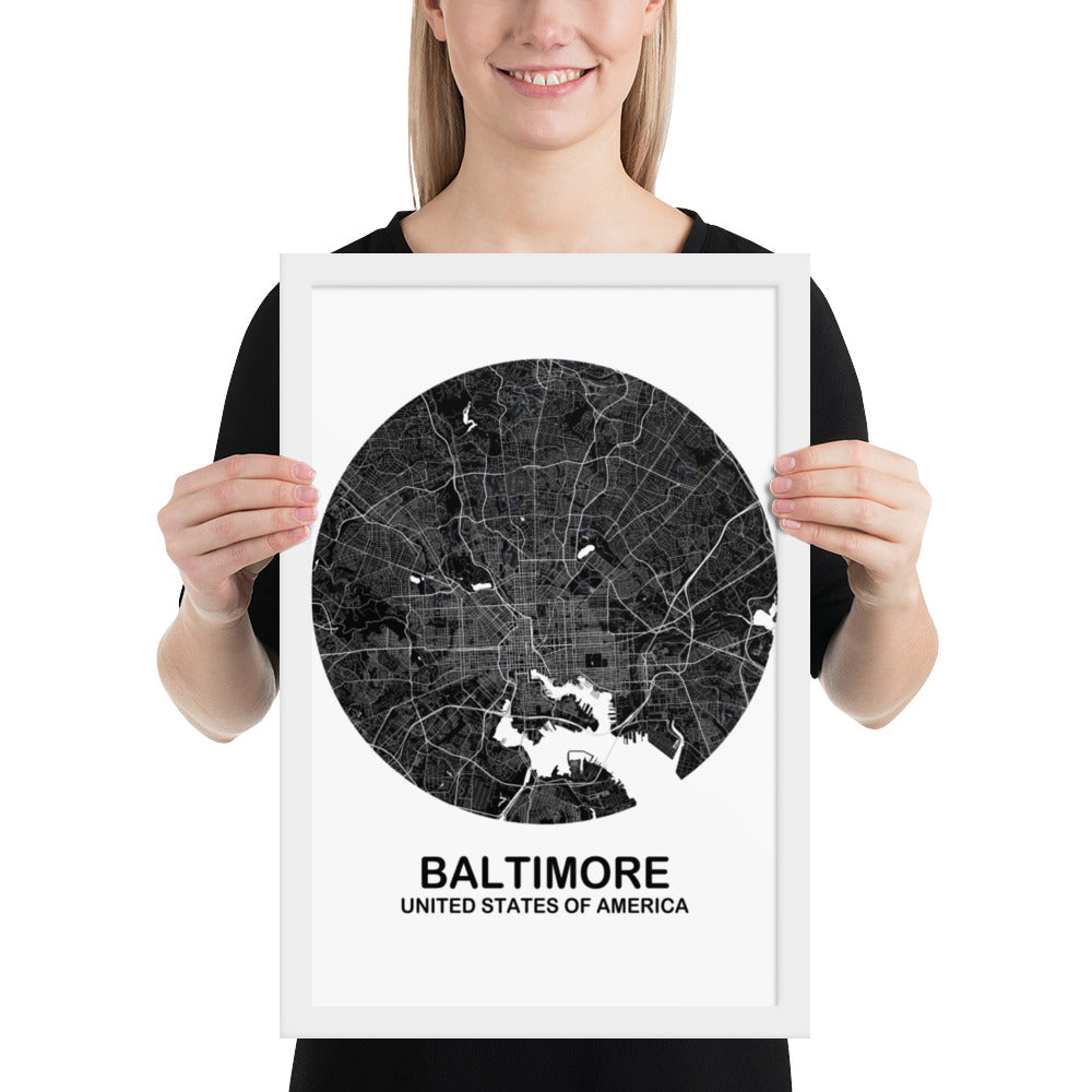 Baltimore Circular Black Framed Map