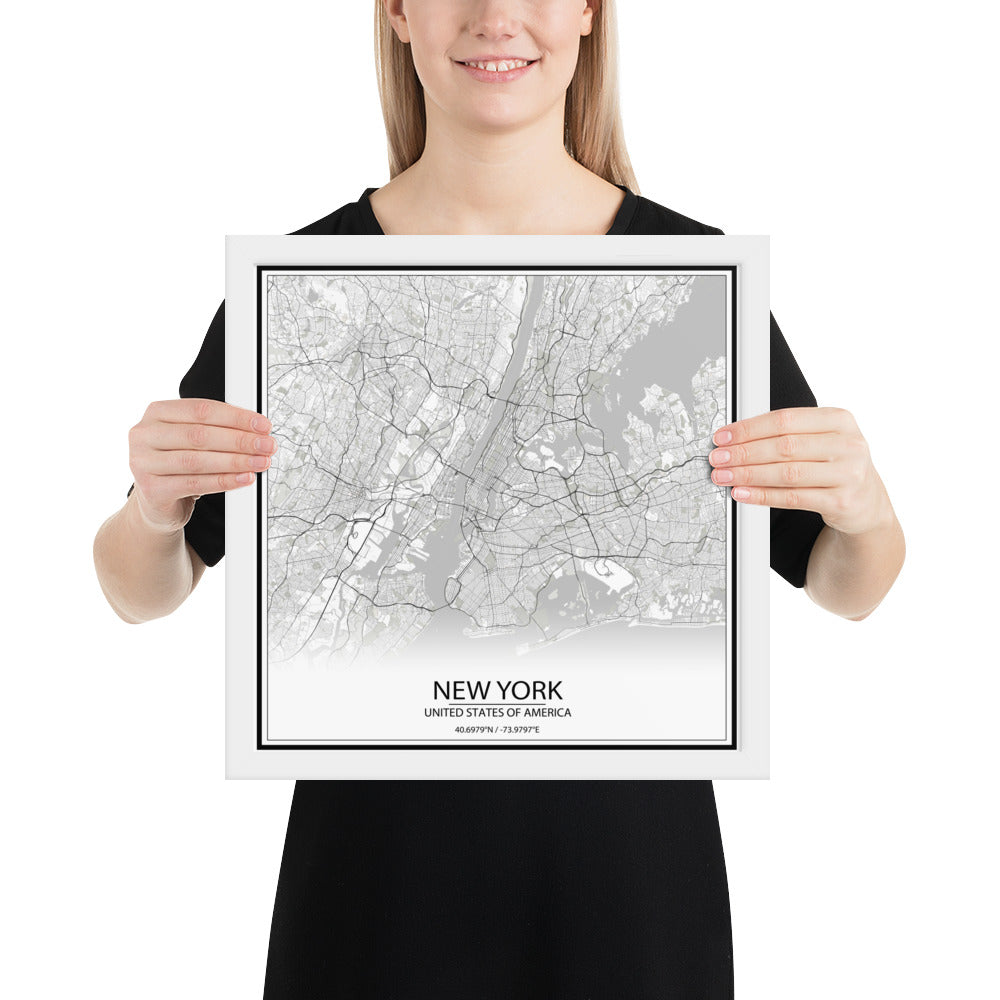 New York White Framed Map