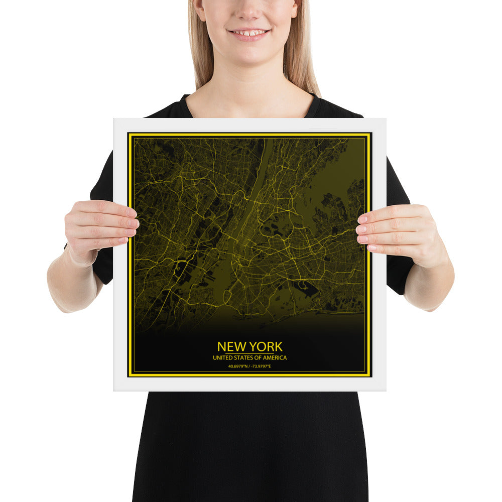 New York Black and Yellow Framed Map