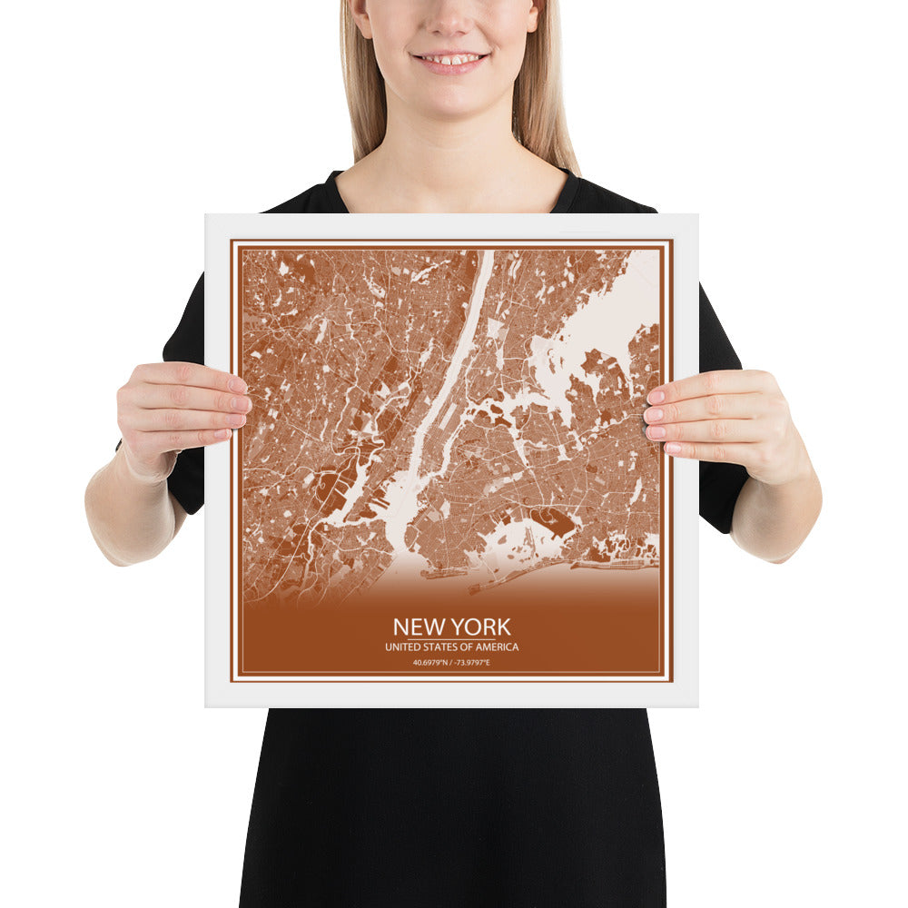 New York Brown and White Framed Map