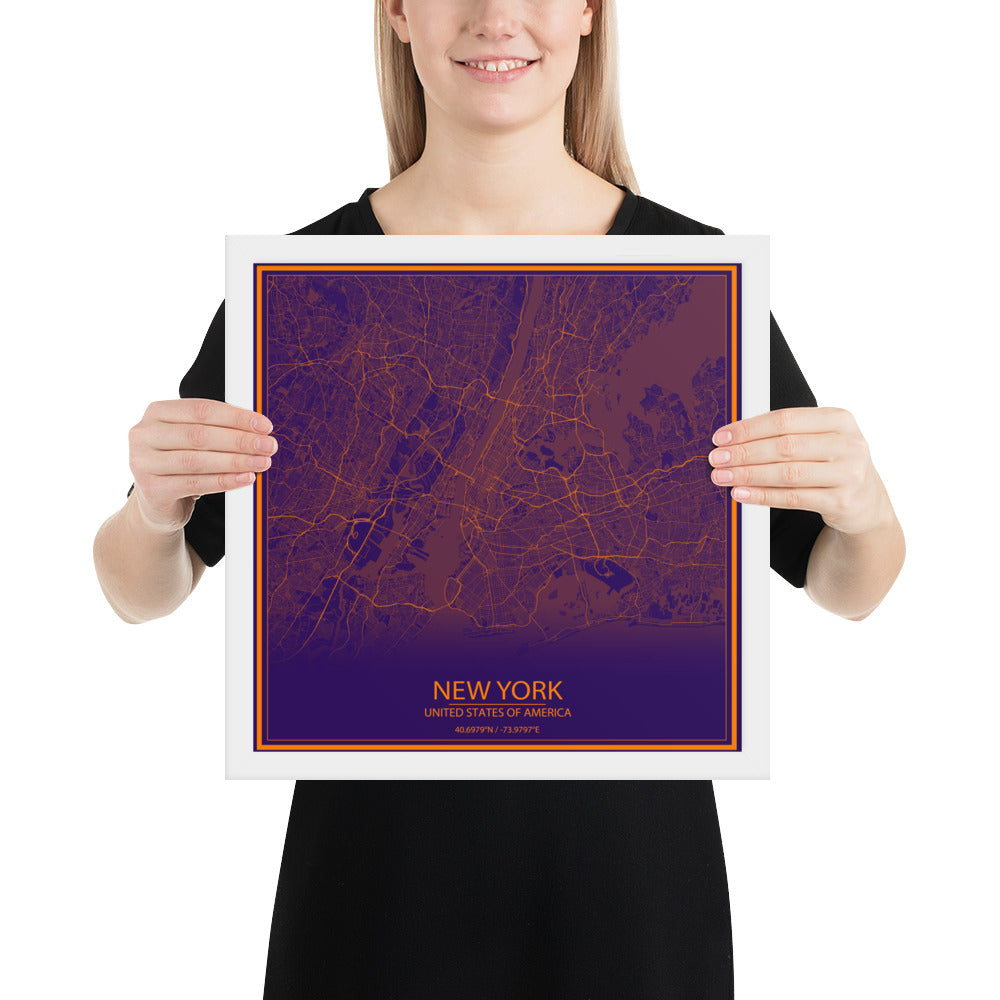 New York Purple and Orange Framed Map