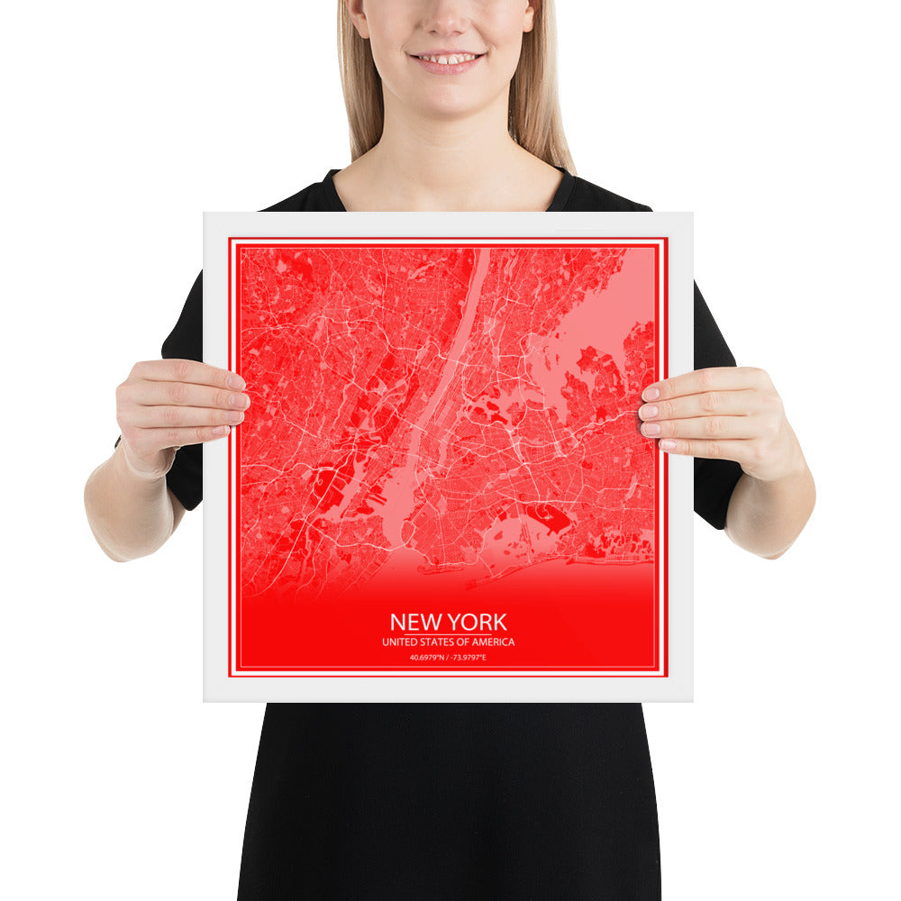 New York Red and White Framed Map