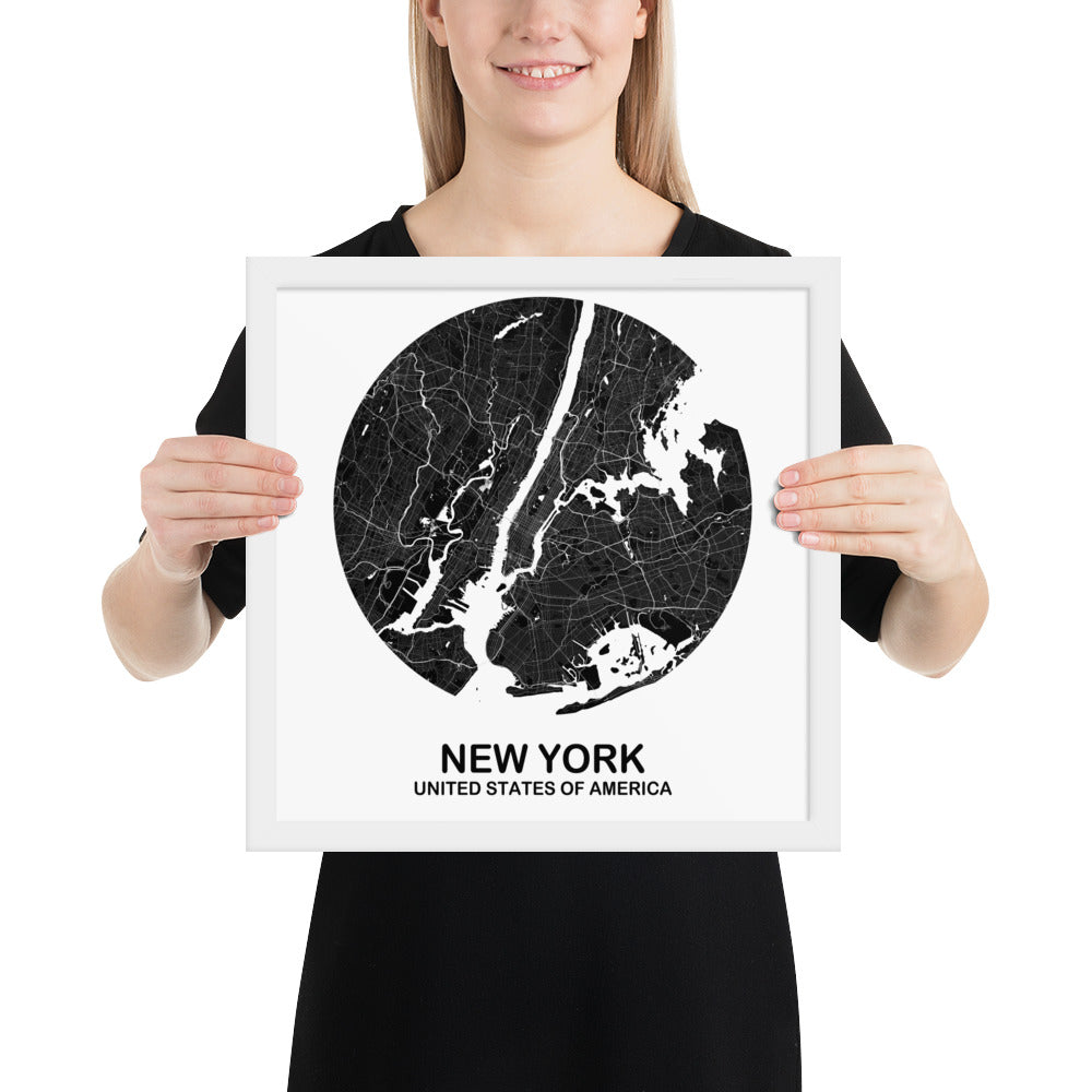 New York Circular Black Framed Map