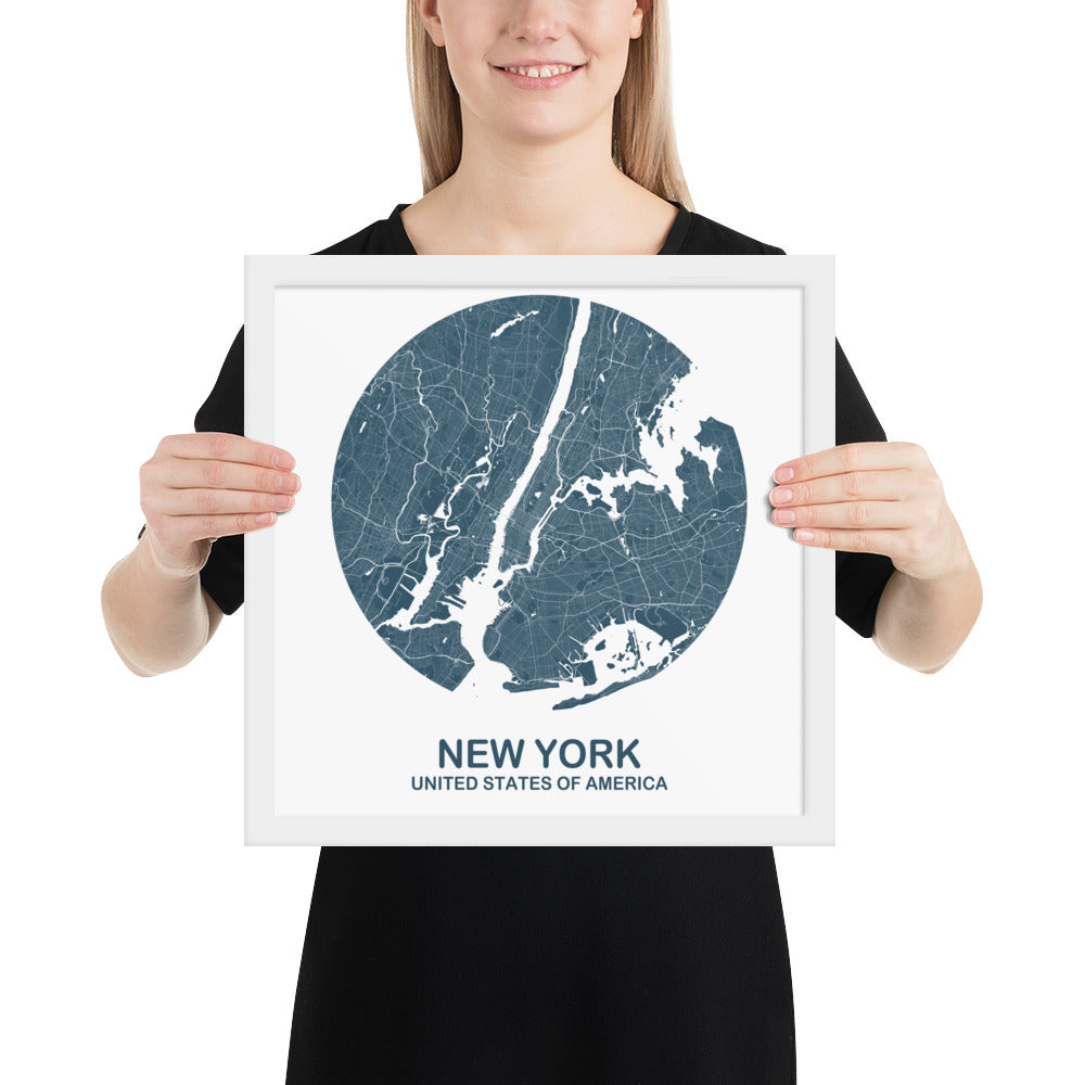 New York Circular Blue Framed Map