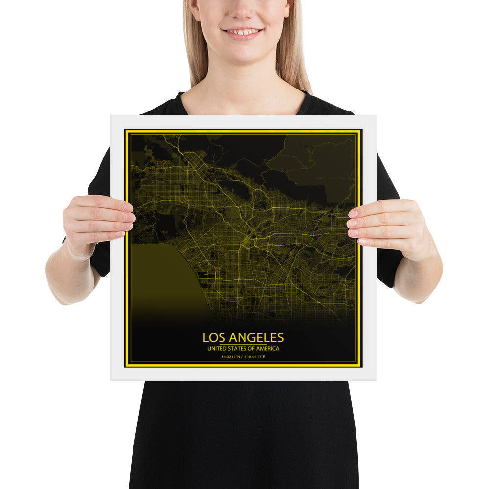 Los Angeles Black and Yellow Framed Map