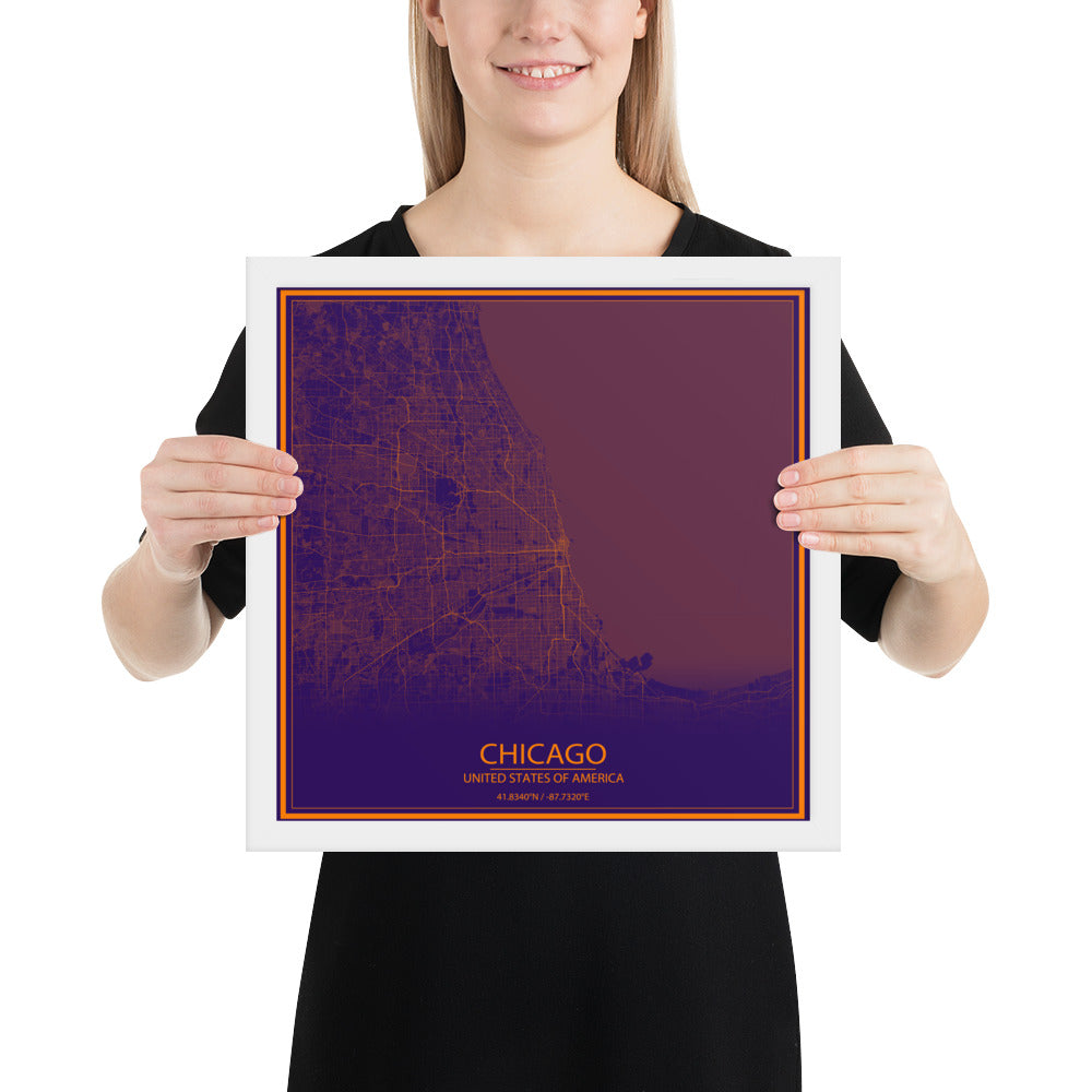 Chicago Purple and Orange Framed Map