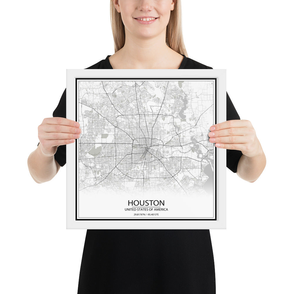 Houston White Framed Map