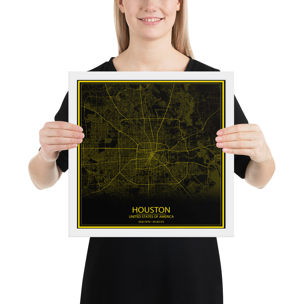 Houston Black and Yellow Framed Map