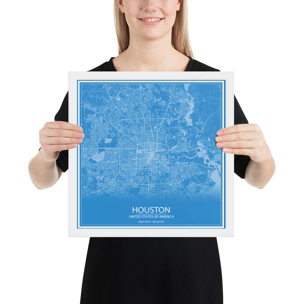 Houston Blue and White Framed Map