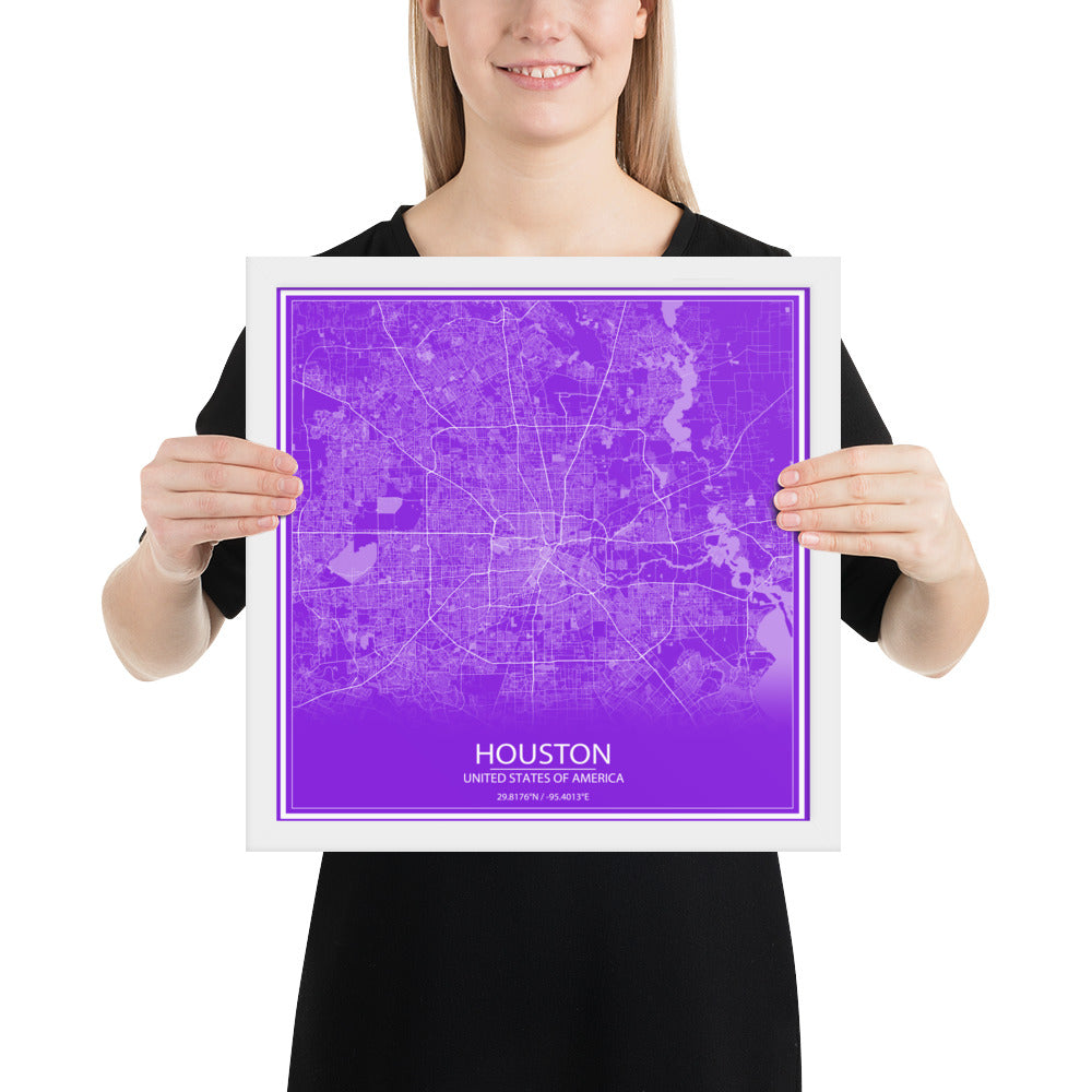 Houston Purple and White Framed Map