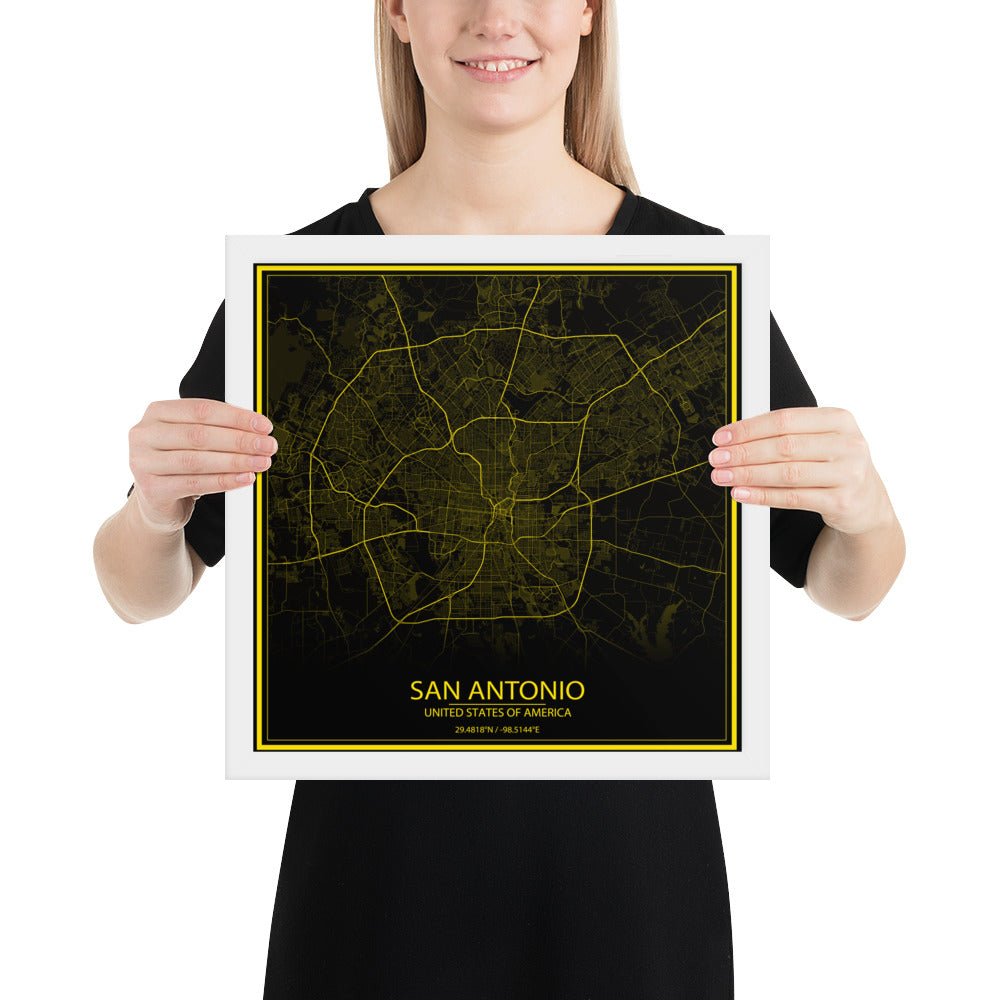 San Antonio Black and Yellow Framed Map