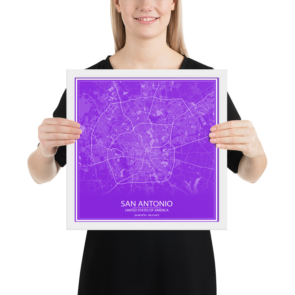 San Antonio Purple and White Framed Map