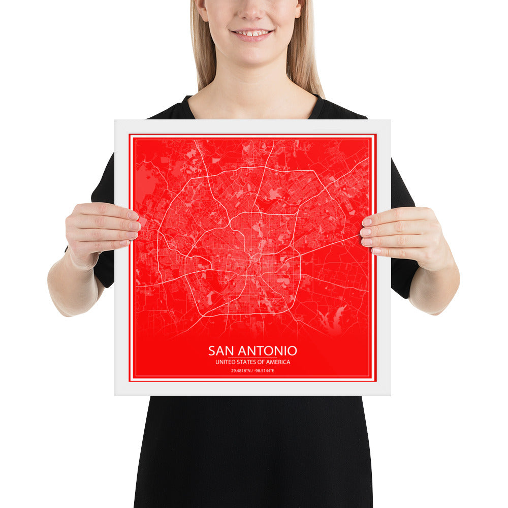 San Antonio Red and White Framed Map