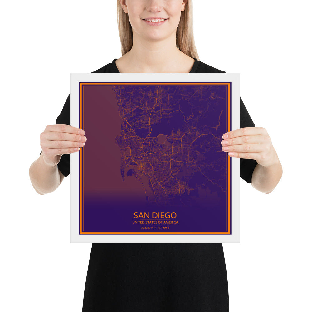 San Diego Purple and Orange Framed Map