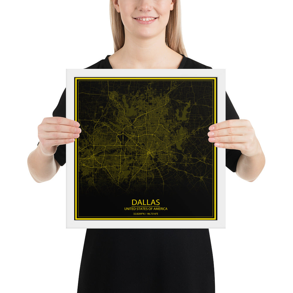 Dallas Black and Yellow Framed Map