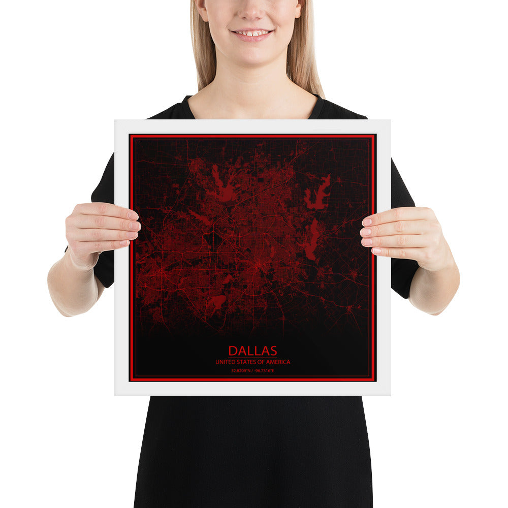 Dallas Black and Red Framed Map