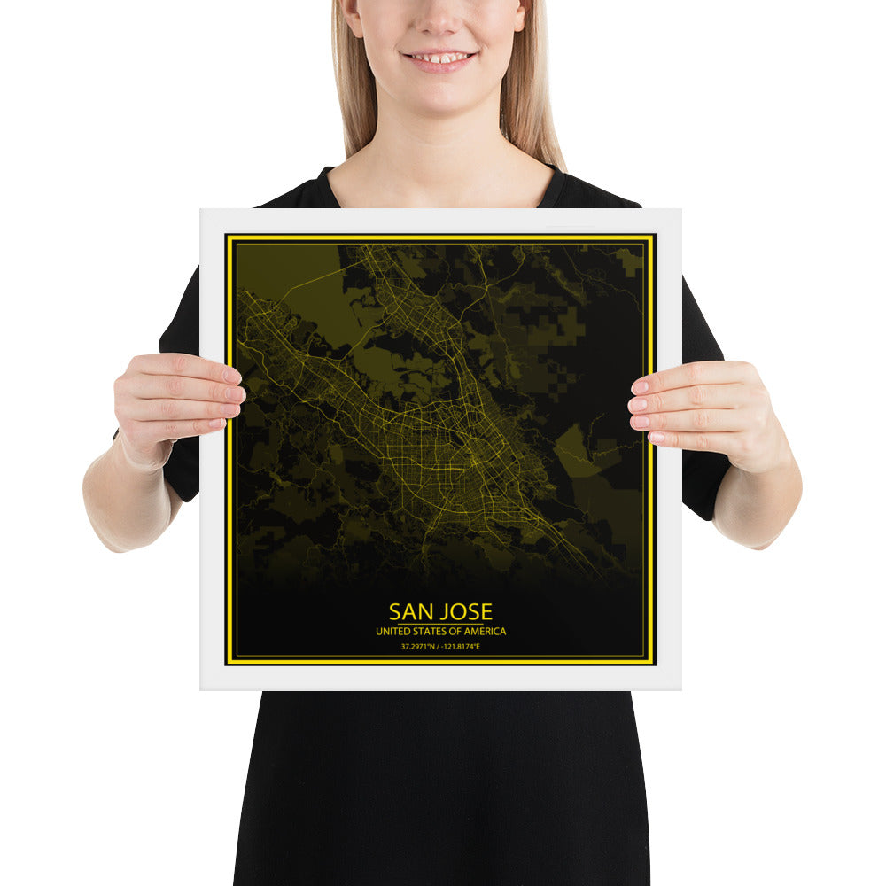 San Jose Black and Yellow Framed Map