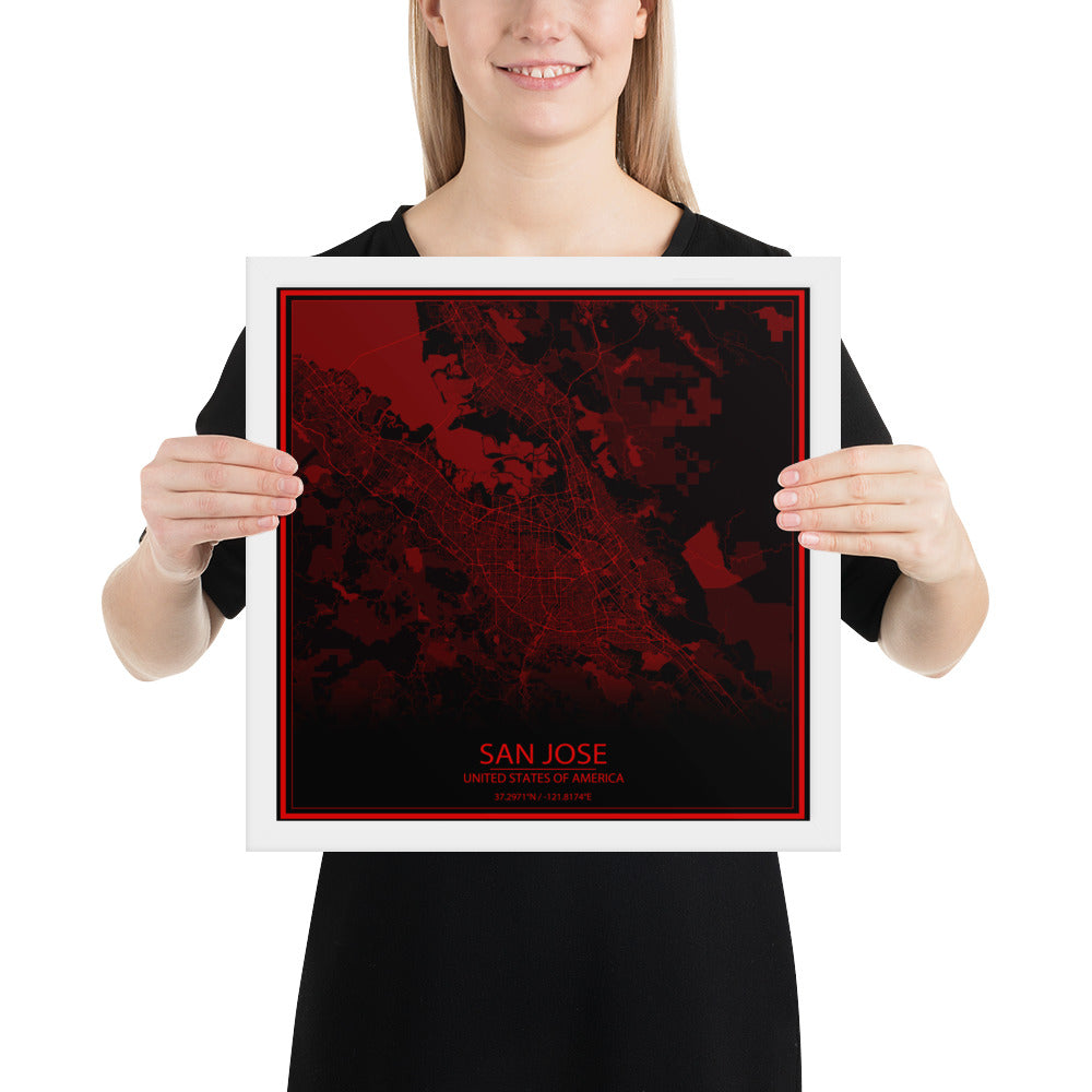 San Jose Black and Red Framed Map